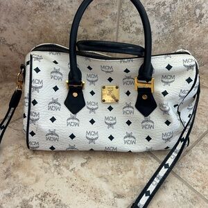 MCM White and Black Satchel Gold Visetos Boston bag vintage